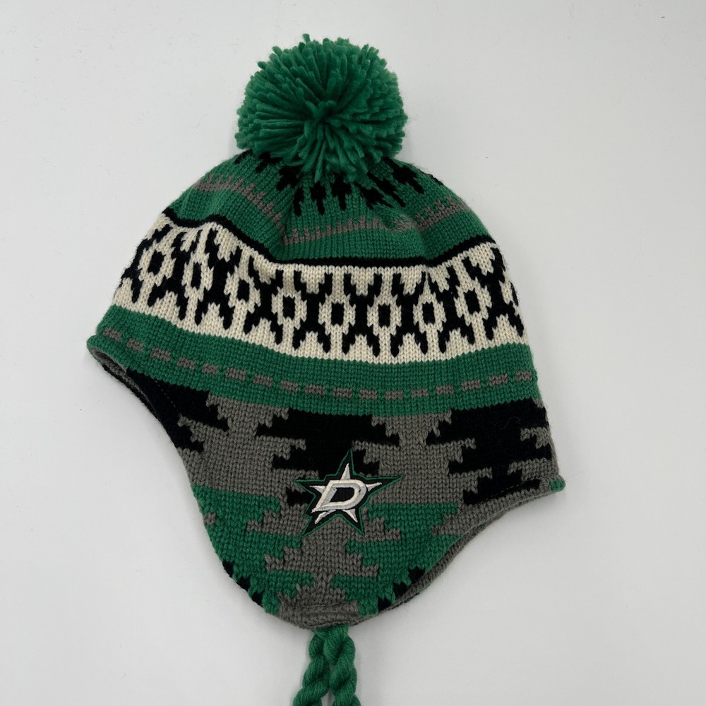 Dallas Stars Adidas Knit Winter Beanie Hat Pom Ear Flaps Tassels Green